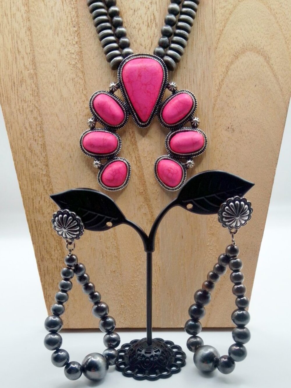 Southwestern Pink Naja Double Strand Faux Navajo Pearl Beaded Necklace Earrings